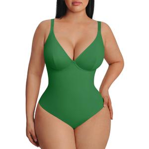 FeelinGirl Shapewear Bodysuits for Women Tummy Control Body Suits Deep V Neck Thong Body Shaper (Green, M)