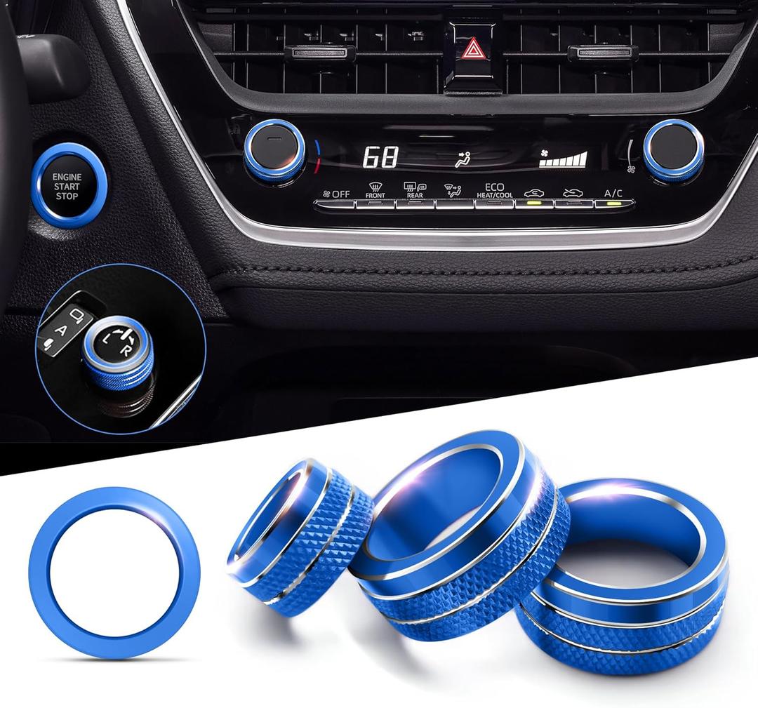 Polodunn for 2020-2025 2026 Toyota Corolla & 2022-2025 2026 Corolla Cross Accessories, 4pcs Aluminum Alloy Knob Cover Trim Set - Rearview Mirror Switch, AC & Push Start (Blue)