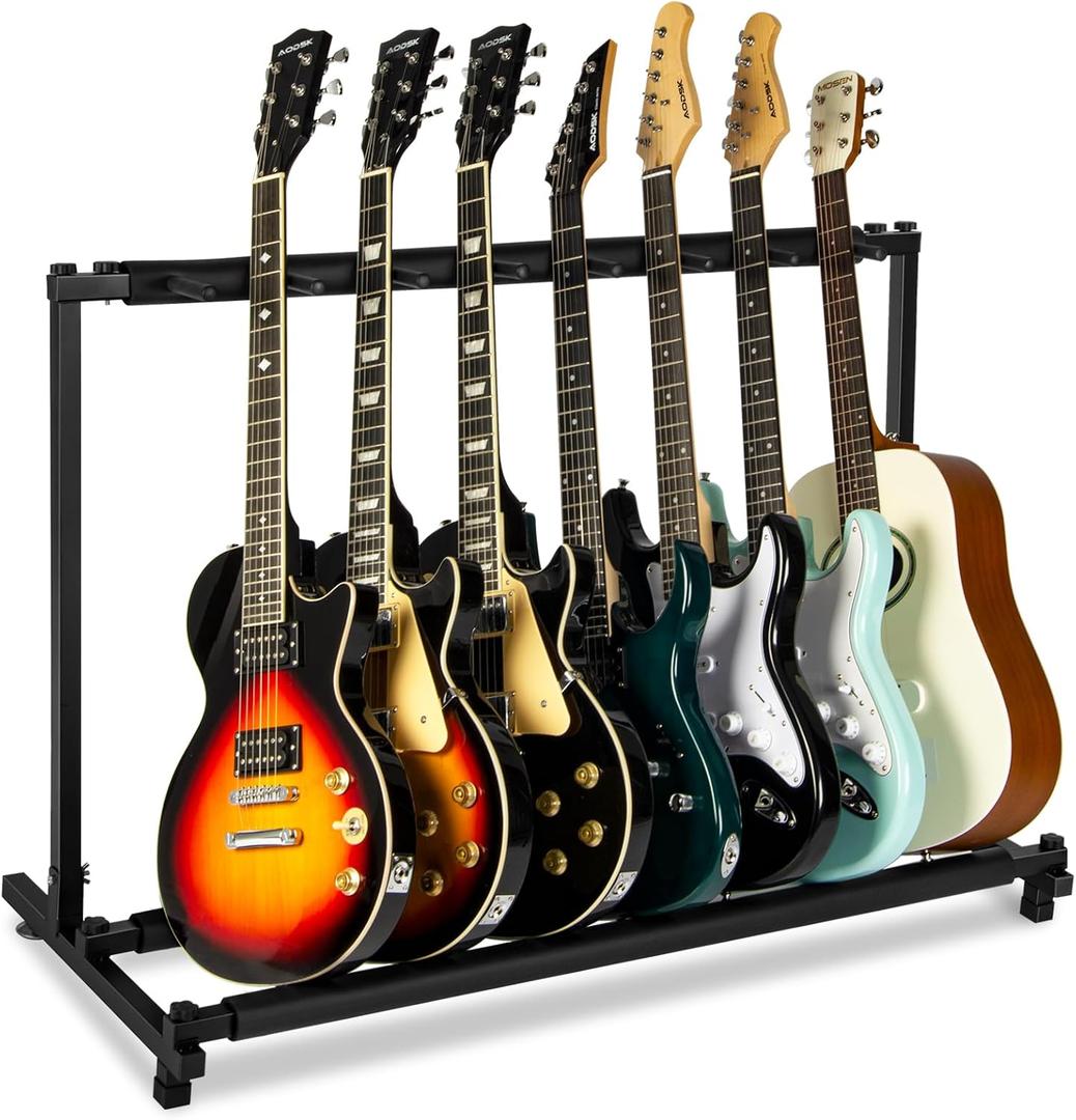 AODSK 7 Multi Guitar Stand Rack with Folding Design, Multiple Guitars Stand, Portable Black Guitar Holder, Black Guitar Display Holder for Guitar & Bass, Studio & Home (7 Guitars)