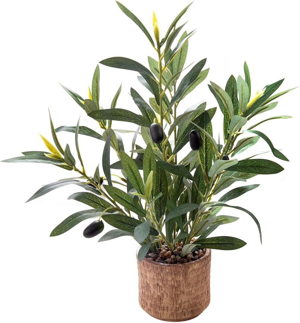 Indoor Fake Olive Plant - 12 inch Faux Silk Olive Plant with Realistic Trunk and Lifelike Fruits in Black Rustic Planter - Perfect for Home and Office Decor