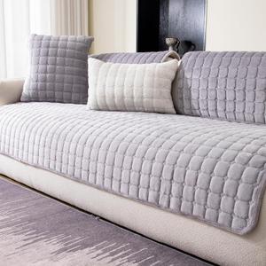 Velvet Couch Cover, Washable Sectional Sofa Cover, Anti Slip Sofa Slipcovers for 3 Cushion Couch Sofa L Shaped Recliner, Furniture Protector Covers for Pets Kids(Light Grey, Only 1 PC)