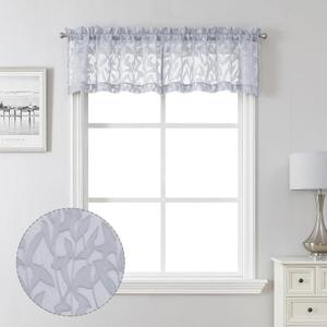 Lecloud Leia Sheer Light Grey Window Curtains for Kitchen 14 Inch Length 2 PCS, Dual Rod Pockets Window Living Room Curtain Valance, Jacquard Clip Textured Leaf Short Bedroom Drapes, 40 W x 14 L