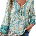 Women's Casual Floral Print V Neck Top Loose Boho Long Sleeve Beach Shirts Blouses XL