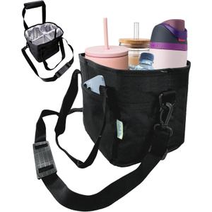 4 Water Bottle Holder with Strap | Family Size 4 Compartment Drink Bag, Multiple Tumbler Carrier Caddy | Adjustable Fits Large & Small Drinks | Hands Free, Won't Tip Over in Car (Black)