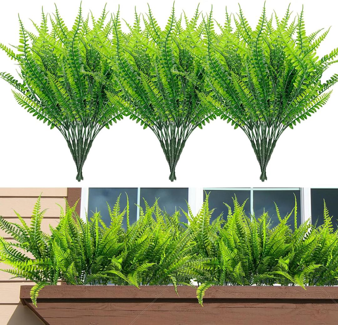 20 Bundles Artificial Boston Fern Plants Fake Ferns Faux Plants Shrubs Greenery Outdoor UV Resistant No Fade Garden Porch Window Box Decor