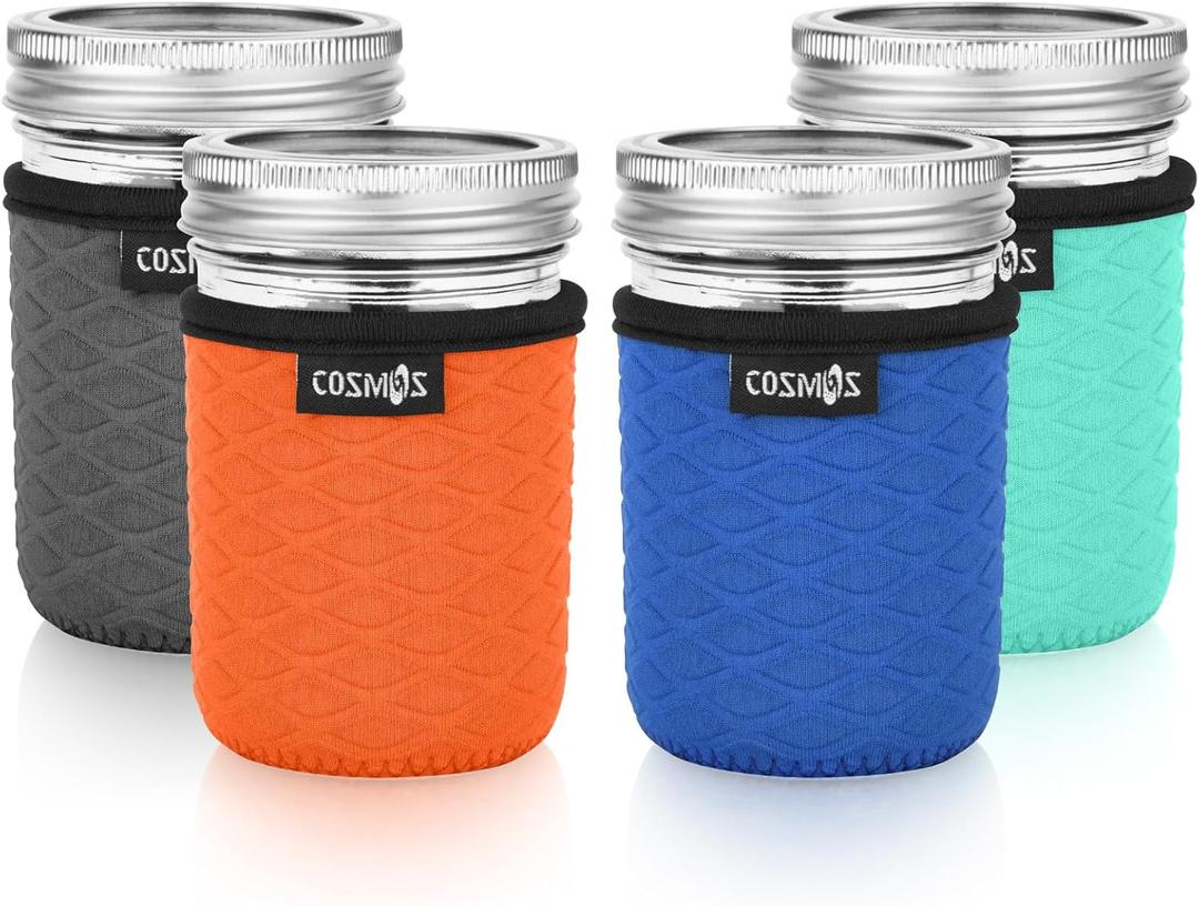 Cosmos 4 Pcs Neoprene Mason Jar Sleeve Cover for Regular Mouth Jar, Insulated Glass Jars Cover Canning Sleeves Glass Container Protector Holder for Home Kitchen Storage (For 8 OZ Jar)