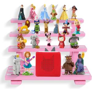 for Tonies Figures Shelf Magnetic, for Toniebox Characters Shelves, for Tonie Storage Rack Display Risers Stand, Holds 45 Figurines, Compatible Charging Station for Children Kid's Room, Pine Wood(Pink)
