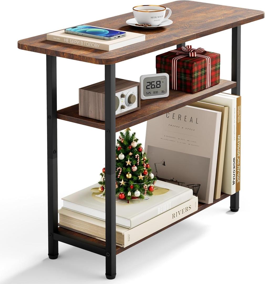 SLEEPING LAMB Side Table for Living Room, 3-Tier End Table for Small Space with Wide Storage Tabletop, Rustic Brown Narrow Nightstand for Bedroom, Sofa Couch