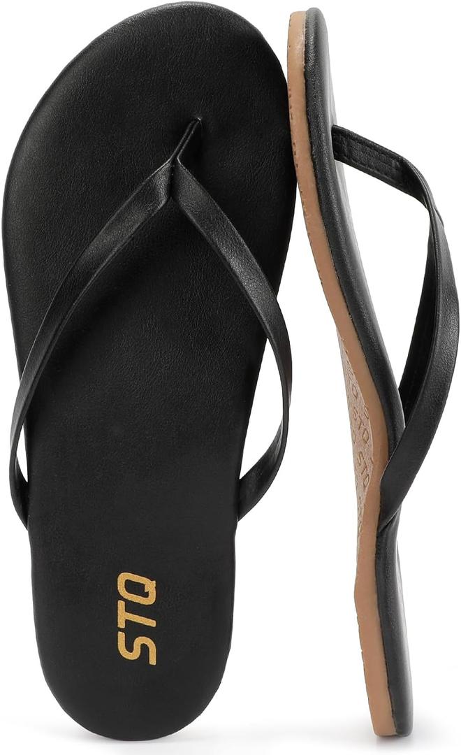 STQ Flip Flops for Women with Arch Support Summer Comfortable Leather Orthopedic Flat Thong Sandals 2026 Travel Cruise Beach Vocation Essentials Resort Wear Black Size 10
