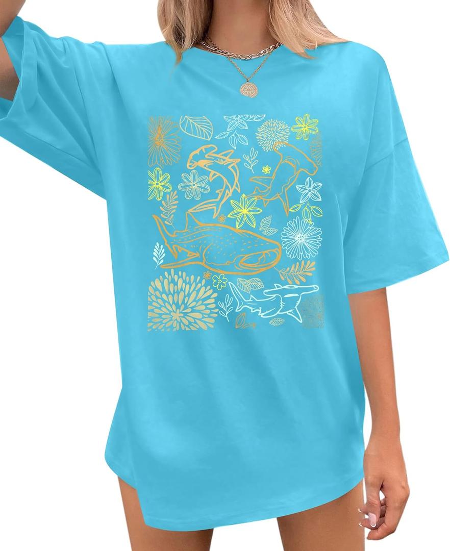 Shark Oversized Shirt Women Shark Lover Gifts Tee Sea World Shirts Trendy Summer Vacation Short Sleeve Tops (Small, Blue)