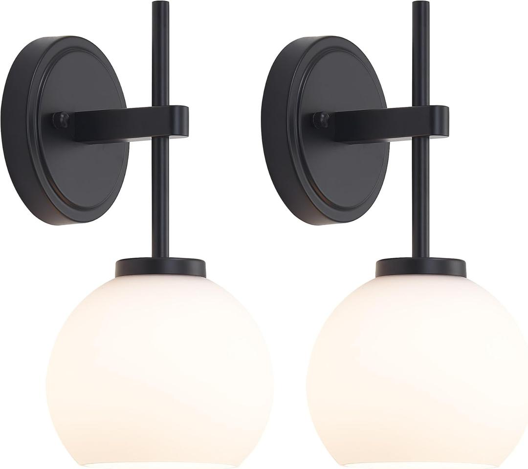 SANTOSTOCK Black Wireless Rechargeable Wall Sconces with Remote Control, Battery Operated Wall Sconce Set of 2, LED Dimmable Wall Lights with Opal White Glass Shade, 12 Colors RGB & 3 CCT Bulb