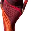 MARZXIN Women Long Sleeve Maxi Dress Bodycon Ruched Formal Slim Fit Tie Dye Dress Formal Mesh Dress (XL)