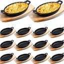 Mifoci 12 Pcs Cast Iron Skillet with Wooden Base Mini Cast Iron Fajita Plates Baker's Skillet Matte Black Small Pan for Kitchen Restaurant Barbecue Dinner (8.7 x 4.7 x 1.6 Inches)