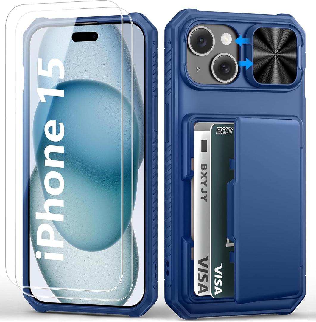 BXYJY for iPhone 15 Wallet Case with Screen Protector (Tempered Glass), Card Holder (4-5 Cards), Slide Camera Cover, Military Grade Drop Protection, Men Women Hard Case for iPhone 15, Blue