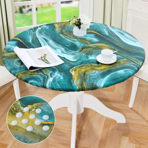 misaya Round Fitted Tablecloth with Elastic Edge, 100% Waterproof Oil Proof Plastic Table Cover, Vinyl Flannel Backed Tablecloth Fits 36"-44" Round Tables for Dinner, Outdoor, Picnic, Ripples (For Up To 45"-56" Round, Teal and Gold)