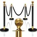 4PCS Black-Gold Stanchions Posts with 3PCS 5 ft Red Velvet Rope, Red Velvet Rope Stanchion Set Crowd Control Barriers, Stanchions and Velvet Ropes Red Carpet Poles for Party Supplies