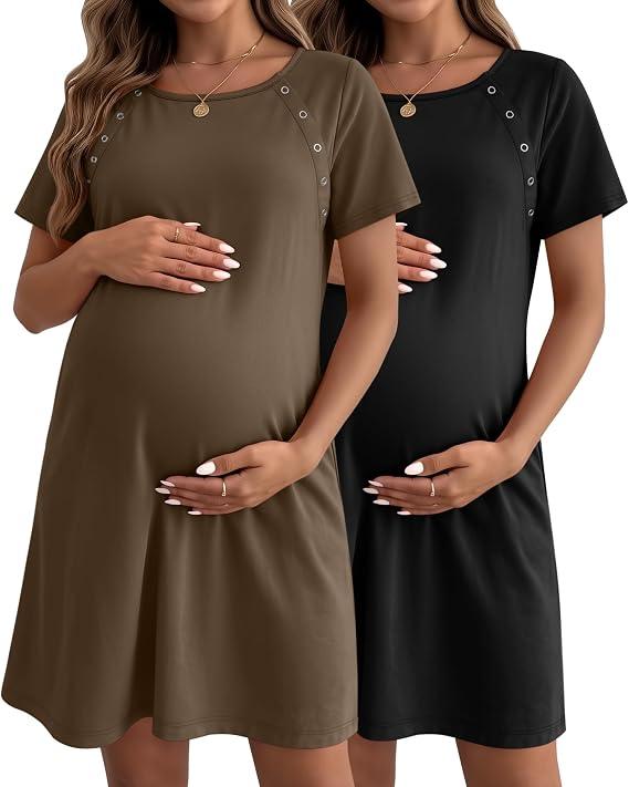 Huukeay 2 Pack Labor and Delivery Hospital Gown Women Nursing Birthing Maternity Dress 3 In1 Breastfeeding Buttons Pjs Robe(Black, Coffee,Large)