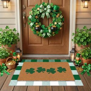 Tinideya 2 Pcs St. Patrick's Day Door Mat Shamrock Welcome Non Slip Green and White Coir Mats Floor Layering Doormats Seasonal for Front Porch Entryway Decor(Green White, St. Patrick's Day) (23.6 x 35.4 Inches)