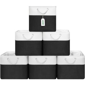 13x13 Inch Cube Storage Bins with Reinforced Bottom Cardboard, 6 Pack Large Foldable Fabric Storage Cubes with Handles for Shelf, Closet, Laundry Organization (White&Black)