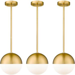 LMS 8 Inch Mid Century Pendant Lights, Brushed Gold Kitchen Island Light Fixtures with White Globe Glass Shade, Adjustable Hanging Rod, 3-Pack for Home Office Dining Room Bathroom, LMS-186BG3PK