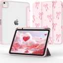 Jarviwiin Case for iPad Air 11 Inch M3/M2 2025/2024, iPad Air 5th/4th Generation 10.9" 2022/2020, TriFold Folio Auto Wake/Sleep Cover with Clear Back/Pencil Holder for Air 5 4 (Bow Pink)