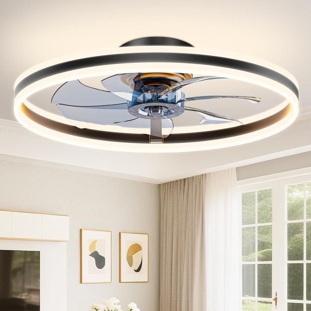 VOLISUN Low Profile Ceiling Fans with Lights and Remote, 24in Flush Mount Ceiling Fans with Light, 3000K-6500K Dimmable Fandelier LED Fan Light, Black Bladeless Ceiling Fans with Lights for Bedroom