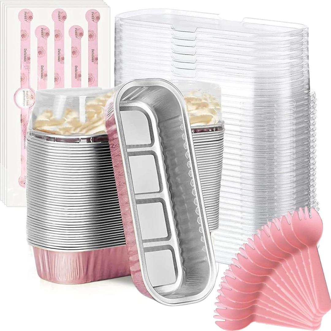 Mini Loaf Baking Pans with Lids and Spoons (50 Pack, 6.8oz) Rectangle Aluminum Foil Baking Pans Tins Containers - Cupcake Containers Wrappers Cheesecake Creme Brulee Ramekins (Pink)