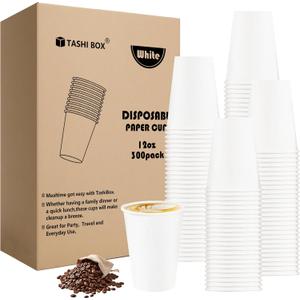 TashiBox 300 Count 12 oz Disposable Paper Coffee Cups - White Paper Cups for Party, Office, Cafes - Perfect for Cold and Hot Drinks