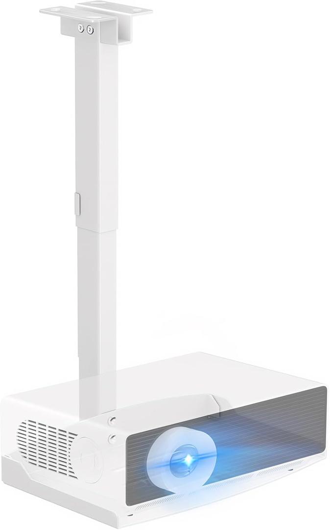 Projector Ceiling Mount with Tray, Adjustable Height Universal Bracket with Concealed Cable Management, Ideal for Home Theater & Office (White)