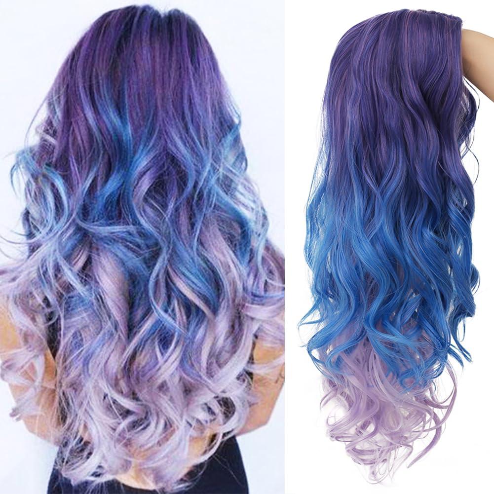 Blue and Purple Curly Women Wigs Long Wave Middle Part Synthetic Wig for Halloween Cosplay Wigs (Mixed Blue)