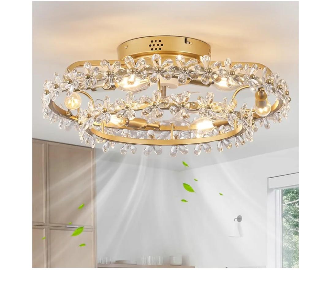 20" Chandelier Fan Bladeless Ceiling Fan with Light, Boho Fandelier Caged Ceiling Fans with Lights and Remote, Modern Flower Ceiling Fan with Light for Girl's Bedroom, Living Room