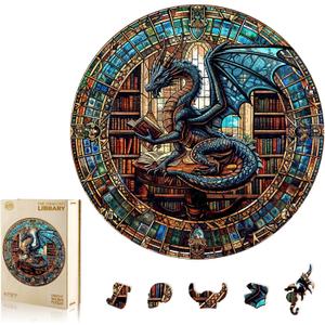 WOODBESTS Wooden Puzzles for Adults (200 Piece, M, 11.4"x11.4") Dragon's Library Wood Puzzle Adult, Unique Wooden Animal Jigsaw Puzzles, Family Game and Birthday Gifts for Friend
