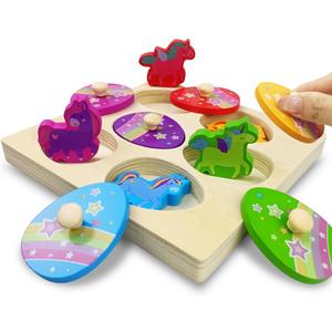 3 x Pinkiwine Unicorn Wooden Peg Puzzles Montessori Educational Toys for Kids Toddlers Easter Basket Stuffers Gifts Unicorn Party Favors