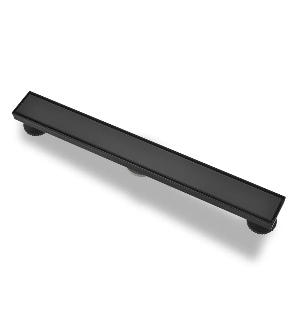 Kuaisailsk Linear Shower Drain with Tile Insert Panels, 24 Inch Black 304 Stainless Steel Rectangle Shower Floor Drain, with Hair Catcher, Adjustable Feet, Fits Bathroom, Balcony