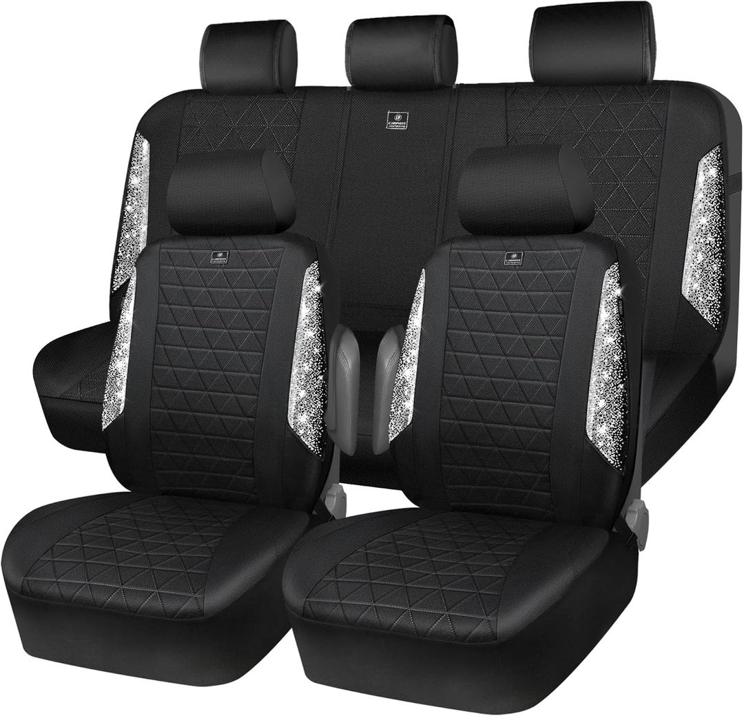 CAR PASS Oxford Bling Diamond Car Seat Covers Full Set Interior Sets, Waterproof Shining Glitter Sparkly Crystal Universal Armrest Fit 95% Automotive Truck SUV Cute Women Girl, Black Silver Rhinestone (Full Set, Silver Rhinestone)