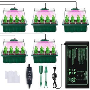 YAUNGEL Seed Starter Tray with Grow Light, 5 Pack Seed Starter Kit with Heat Mat, Seedling Starter Trays with Timing Controller Adjustable Brightness, Thicken Trays with Humidity Domes