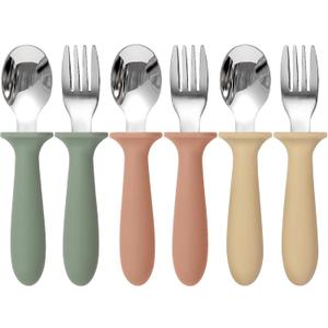 6 Pack Toddler Utensils, kids Silverware with Silicone Handle, 18/8 Stainless Steel Children Safe Spoons and Forks Set Baby Feeding Essentials, Dishwasher Safe (Pink)