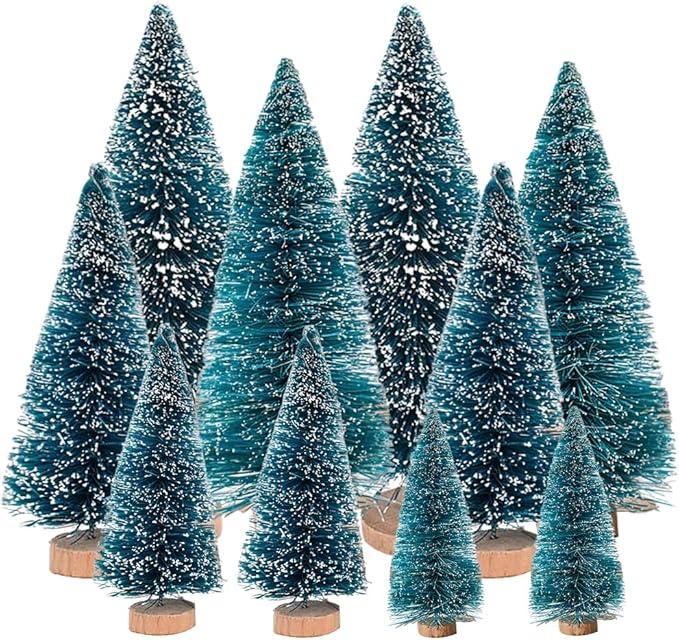 Leyndo 9 Pcs Blue Classic Artificial Mini Christmas Tree Sisal Bottle Brush Trees with Wood Base Christmas Pine Trees for Autumn Winter Holiday Home Kitchen Party Decor