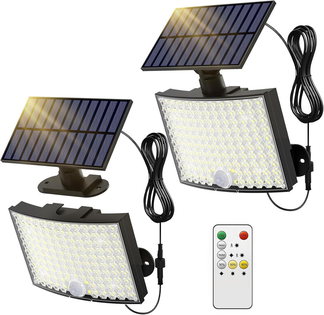 Outdoor Solar Lights, Bright 128 LEDs Flood Light with Optical Lens, Solar Powered Security Lights with 23 ft Cable, Remote Control 5 Modes Motion Sensor Light Outdoor for Garage Yard, 2 Pack