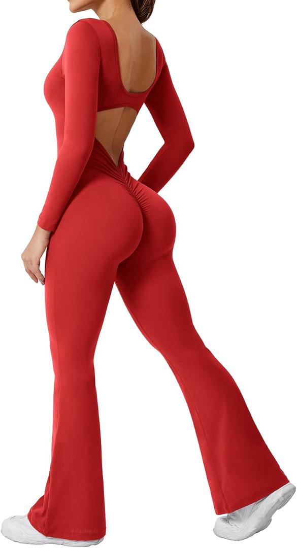 YEOREO One Piece Wide Leg Jumpsuits for Women Workout Long Sleeve Backless Flare Jumpsuit Lizvette Scrunch V Back Yoga Romper (Large, Bright Red)