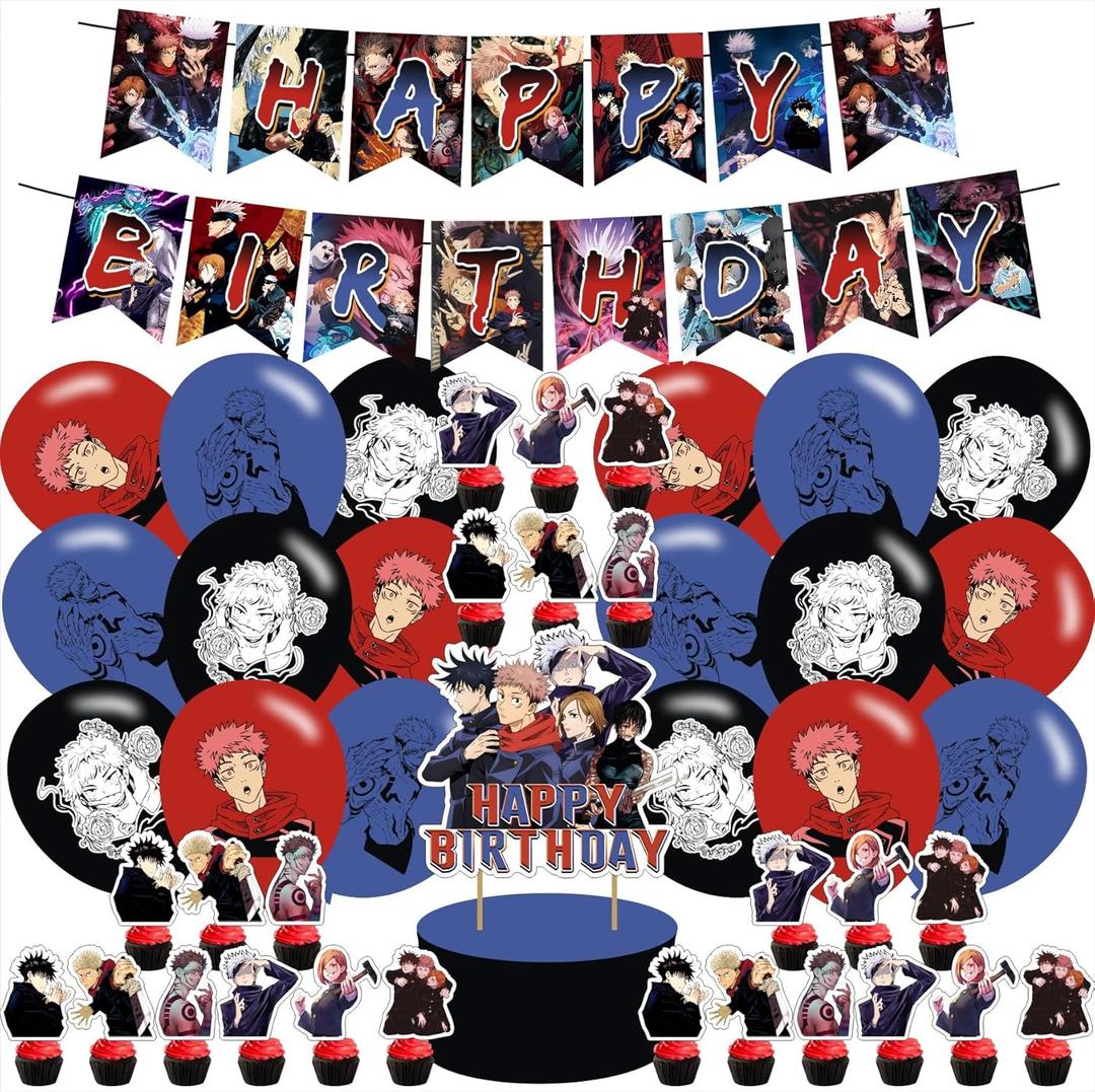 Jujutsu Manga Kaisen Birthday Party Supplies, including Cake Topper, Cupcake Toppers, Banner, Latex Balloons,It is Very Suitable for Boy's and Girl Anime Themed Birthday Party Supplies, Black