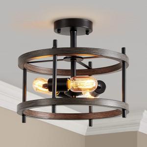 AGV LIGHTING Semi Flush Mount Ceiling Light Fixture, 3-Light Farmhouse Light Fixture Ceiling Mount Wooden Textures with Black