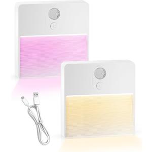 NICKLUC Motion Sensor Night Light: Stick-on Rechargeable LED Warm Night Lights Stepless Dimming 7 Colors Motion Activated Battery Operated Stair Lights Indoor for Staircase Hallway Toilet 2 Pack