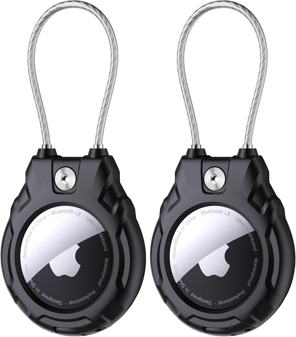 Gocii for Airtag Holder with Wire Cable(1st & 2nd Generation), 2 Pack Ultra-Durable Lockable Case for Apple AirTag, Waterproof Keychain Holder for Luggage, Keys, Backpacks, Cars, Bags, and Kids (Black)