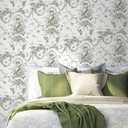 Pack of 4, CiCiwind Peel and Stick Wallpaper Toile Wallpaper White and Green Wallpaper Vintage Wallpaper Removable Self Adhesive Wallpaper for Bedroom Living Room Walls Decor 16"×78.7"