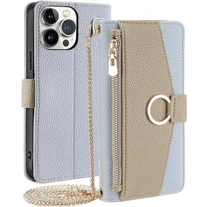 Wallet Case for iPhone SE4 Flip Phone Case Cover with Crossbody Strap Magnetic Zipper Pocket Makeup Mirror PU Leather Shockproof with Kickstand Shell Blue