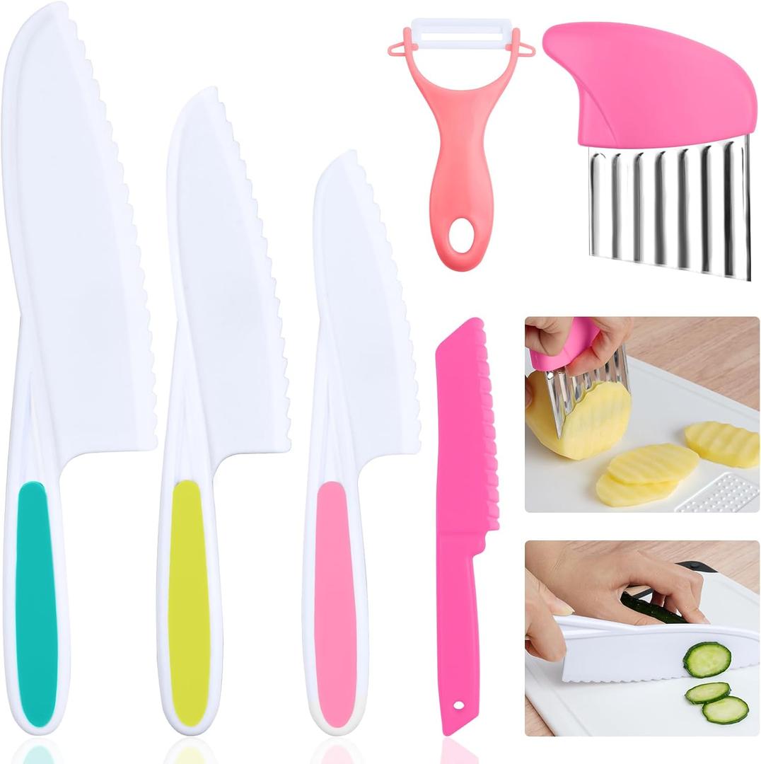 Montessori Kitchen Tools,6Pieces Knives for Kids Nylon Kids Safe Cooking Knives Serrated Edges,Y Peeler For Cooking and Cutting Fruit,Suitable for Children and Beginners (Pink)