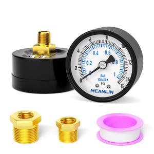 MEANLIN MEASURE 0-15Psi 2" DIAL FACE 1/8" NPT Well Pump Pressure Gauge, with 1/4" NPT and 3/8" NPT Hex Bushing, 3-2-3% Accuracy, Center Back Mount