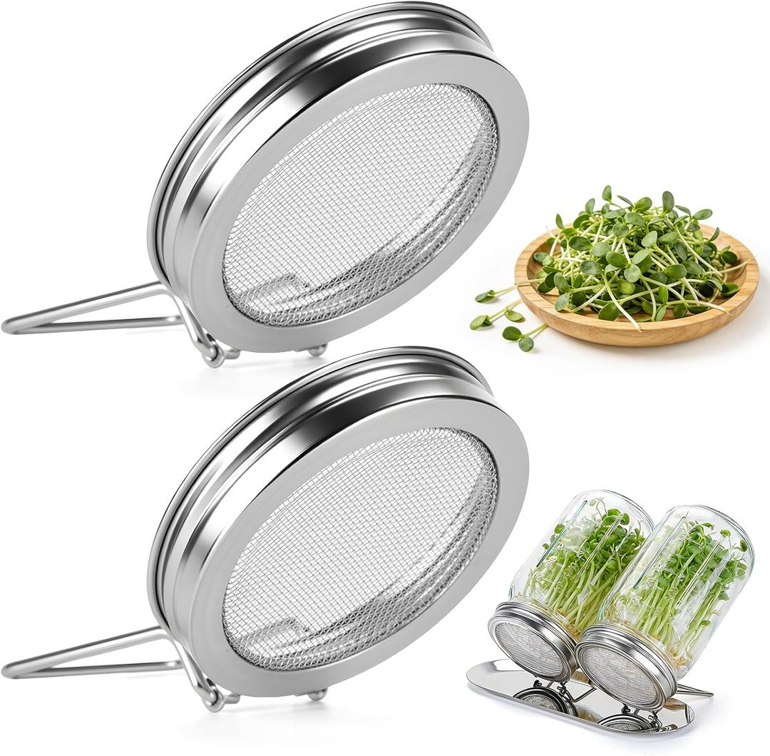 2 Pcs Sprouting Lids for Wide Mouth Mason Jars, Stainless Steel Reusable One-Piece Sprouting Jar Lids Kit with Built-In Stand, Seed Germination Sprouts Growing Kit for Organic Alfalfa & Mung Bean