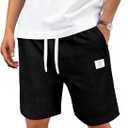 Men's Corduroy Shorts Casual Elastic Drawstring Lightweight Summer Beach Shorts with Pockets (Black, M)